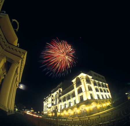 An Independence Day fireworks in Podil, Kyiv, Ukraine.の写真素材