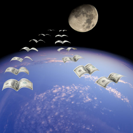 A flock of $100 banknotes in flight.