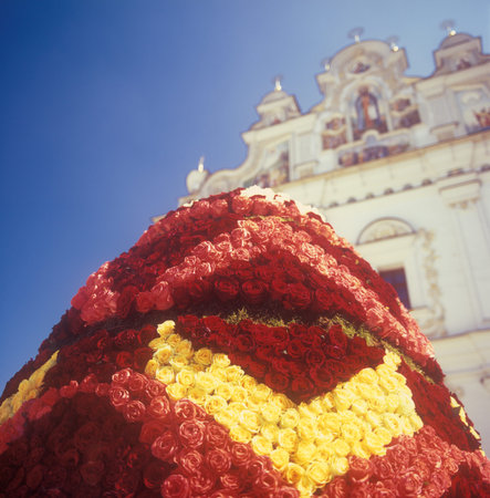 The fragment of huge easter egg made of flowers. Kiev-Pechersk Lavra, Kyiv, Ukraine.