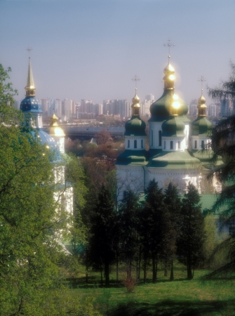View to the Vydubichi monastery and left bank of Dnipro river. Kyiv, Ukraine. Soft focus lens.の写真素材