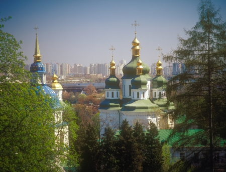 View to the Vydubychi monastery and left bank of Dnipro river  Kyiv, Ukraine の写真素材