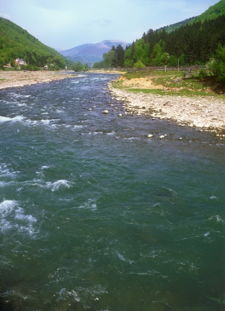 Mountain landscape with a river  Carpathian Mountain Range, Ukraine の写真素材
