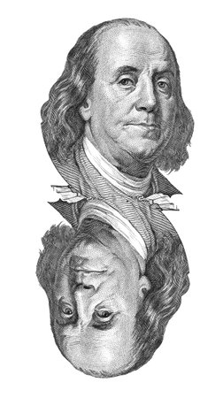 Benjamin Franklin portrait on one hundred US dollars banknote  Isolated on white のeditorial素材