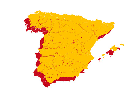 Map of Spain in colors of the Spanish flag. Colors of flag are proper. Rivers are shown.のイラスト素材