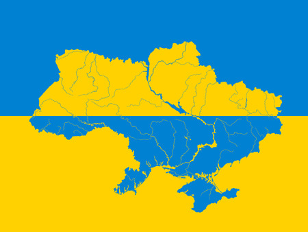 Map of Ukraine on the Ukrainian flag. Colors of flag are proper. Rivers are shown.のイラスト素材