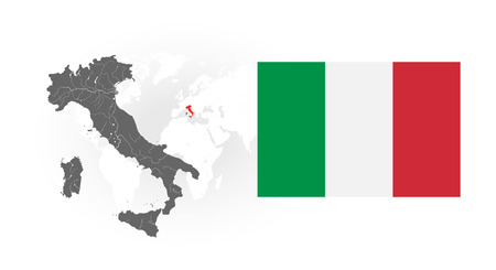 Map of Italy with lakes and rivers, Italy's location on the world map and National flag of Italian Republic. Flag has a proper design, proportion and colors.のイラスト素材