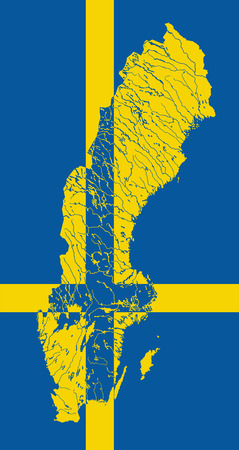Map of Sweden in colors of the Swedish flag. Colors of flag are proper. Rivers and lakes are shown.のイラスト素材