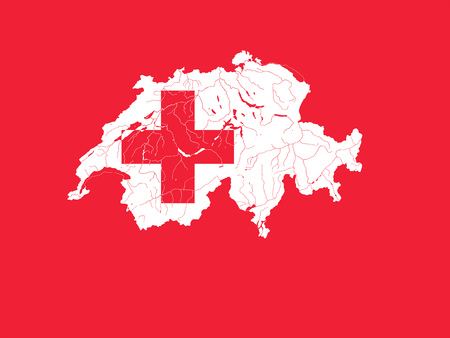 Very detailed outline map of Switzerland in colors of the Swiss flag. Colors of flag are proper. Rivers and lakes are shown.のイラスト素材