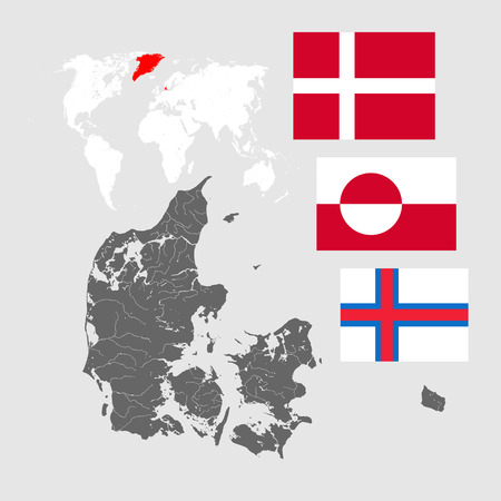 Map of Denmark with lakes and rivers, world map and three flags - Flag of Denmark (Dannebrog), Flag of Greenland and Flag of the Faroe Islands. Flags has a proper design, proportion and colors.のイラスト素材