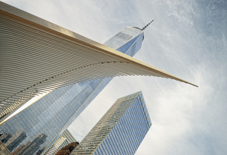 Skyscrapers of Downtown Manhattan at cloudy day.のeditorial素材