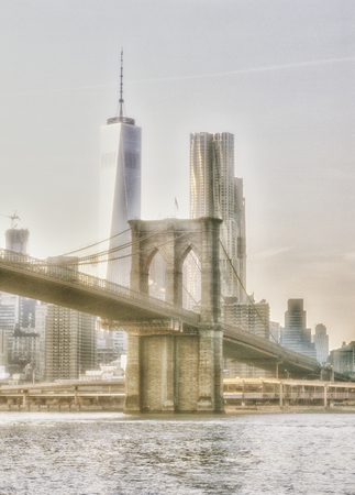 View of the Brooklyn Bridge and Freedom Tower.の写真素材