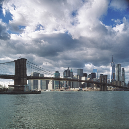 View of the Brooklyn Bridge and Lower Manhattan.の写真素材