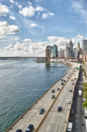 FDR Drive and Brooklyn Bridge at sunny day - HDR image.の写真素材