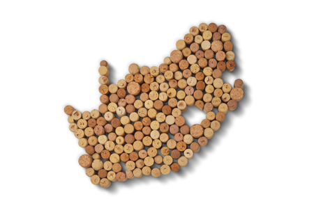 Wine-producing countries - maps from wine corks. Map of South Africa on white background. Clipping path included.の写真素材