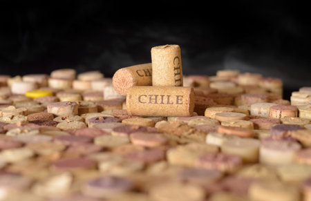 Wine-producing countries. Chile's name on wine corks.の写真素材