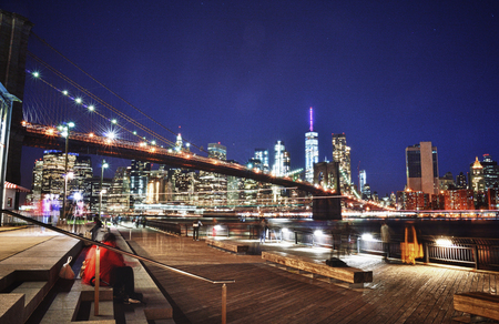 Brooklyn Bridge at night taken from Brooklyn Bridge Park - HDR image.のeditorial素材