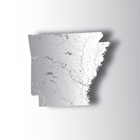 U.S. states - map of Arkansas with paper cut effect. Hand made. Rivers and lakes are shown. Please look at my other images of cartographic series - they are all very detailed and carefully drawn by hand WITH RIVERS AND LAKES.のイラスト素材