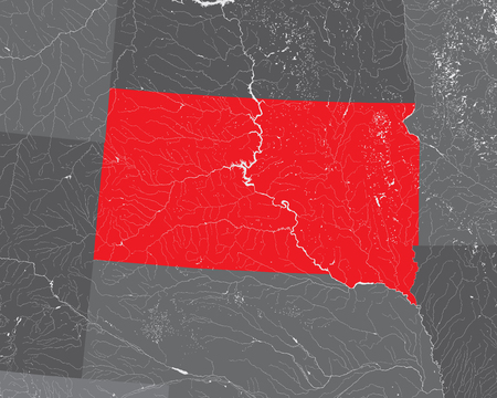U.S. states - map of South Dakota. Hand made. Rivers and lakes are shown. Please look at my other images of cartographic series - they are all very detailed and carefully drawn by hand WITH RIVERS AND LAKES.のイラスト素材