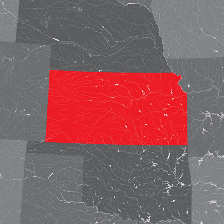 U.S. states - map of Kansas. Hand made. Rivers and lakes are shown. Please look at my other images of cartographic series - they are all very detailed and carefully drawn by hand WITH RIVERS AND LAKES.のイラスト素材