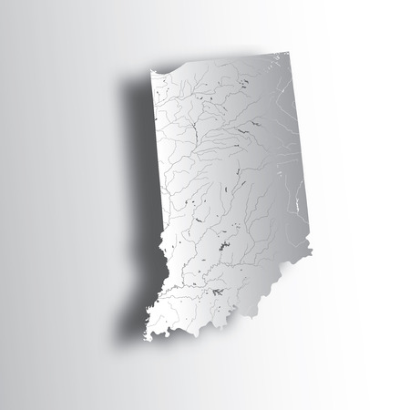 U.S. states - map of Indiana with paper cut effect. Hand made. Rivers and lakes are shown. Please look at my other images of cartographic series - they are all very detailed and carefully drawn by hand WITH RIVERS AND LAKES.のイラスト素材