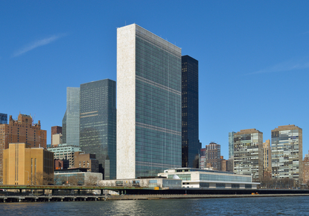 View of Midtown Manhattan skyline with United Nations Building.の写真素材