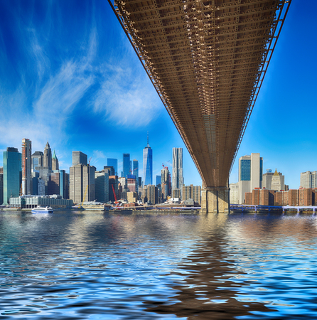 HDR view of the Brooklyn Bridge at sunny day.の写真素材