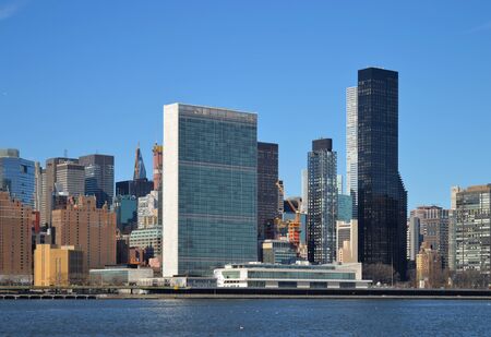 View of Midtown Manhattan skyline with United Nations Building.のeditorial素材
