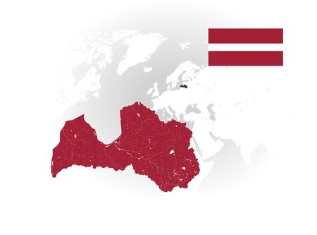 Map of Latvia with rivers and lakes, national flag of Latvia and world map as background. Please look at my other images of cartographic series - they are all very detailed and carefully drawn by hand WITH RIVERS AND LAKES.のイラスト素材