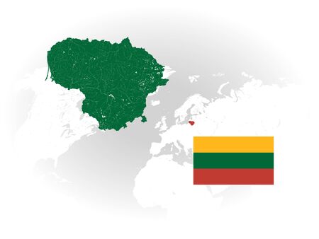 Map of Lithuania with rivers and lakes, national flag of Lithuania and world map as background. Please look at my other images of cartographic series - they are all very detailed and carefully drawn by hand WITH RIVERS AND LAKES.のイラスト素材