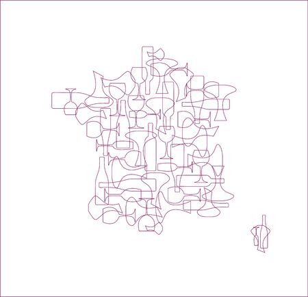 Countries winemakers - stylized maps from silhouettes of wine bottles, glasses and decanters. Map of France.のイラスト素材