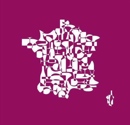 Countries winemakers - stylized maps from silhouettes of wine bottles, glasses and decanters. Map of France.のイラスト素材
