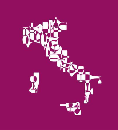 Countries winemakers - stylized maps from silhouettes of wine bottles, glasses and decanters. Map of Italy.のイラスト素材