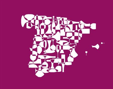 Countries winemakers - stylized maps from silhouettes of wine bottles, glasses and decanters. Map of Spain.のイラスト素材