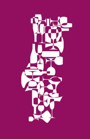 Countries winemakers - stylized maps from silhouettes of wine bottles, glasses and decanters. Map of Portugal.のイラスト素材