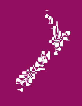 Countries winemakers - stylized maps from silhouettes of wine bottles, glasses and decanters. Map of New Zealand.のイラスト素材