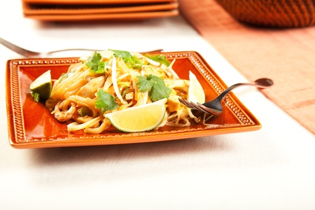 Tasty Pad Thai on a square plateの写真素材
