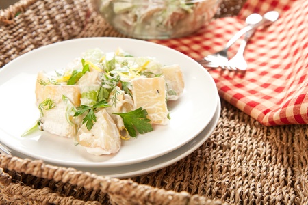 Herb potato salad in picnic settingの写真素材