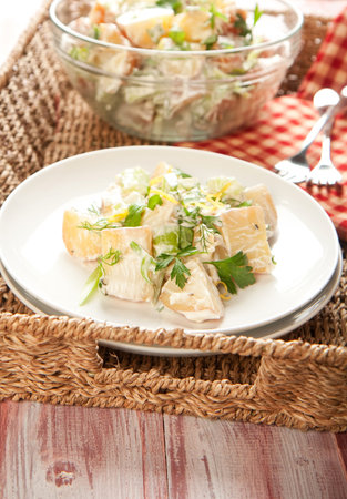 Herb potato salad in picnic settingの写真素材