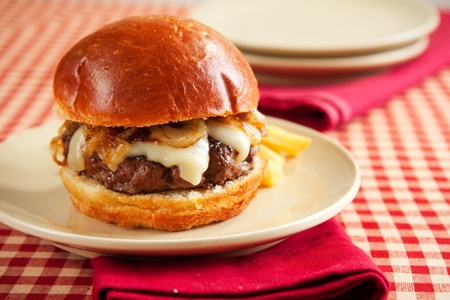 Thick rare cheeseburger with swiss cheese and caramelized onions served with french friesの写真素材