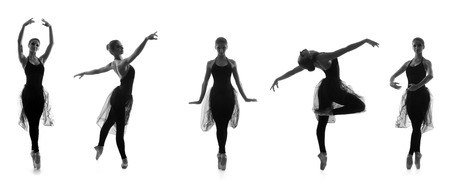 Collection of different ballet poses. Black and white silhouettes isolated on white.の写真素材