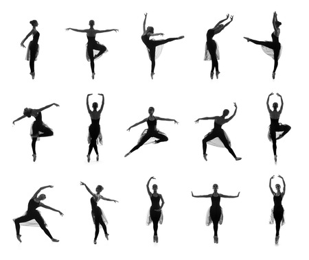 Collection of different ballet poses. Black and white silhouettes isolated on white.の写真素材