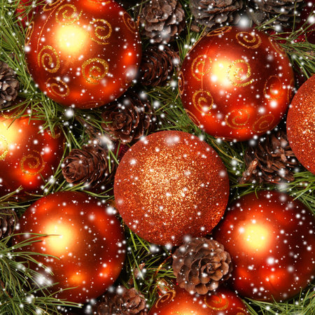 Christmas background with the balls and snowflakesの写真素材