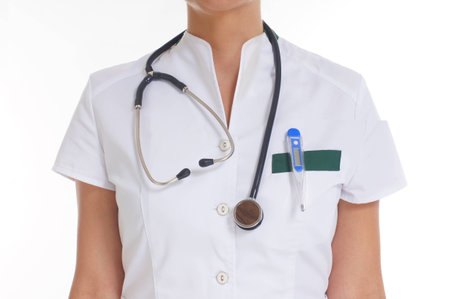 Young attractive doctor isolated over white backgroundの写真素材