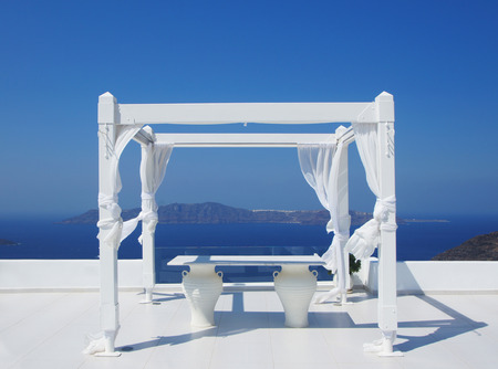 Beautiful wedding tent on Santorini islandの写真素材