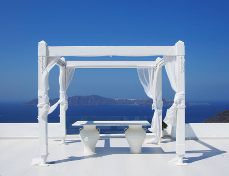 Beautiful wedding tent on Santorini islandの写真素材