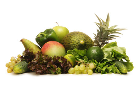 Pile of fresh and tasty fruits and vegetables isolated on whiteの写真素材