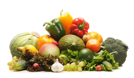 Pile of fresh and tasty fruits and vegetables isolated on whiteの写真素材