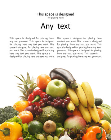 Pile of fresh and tasty fruits and vegetables isolated on whiteの写真素材