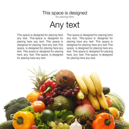 Pile of different fruits and vegetables isolated on white (there is some blank space to place any text)の写真素材