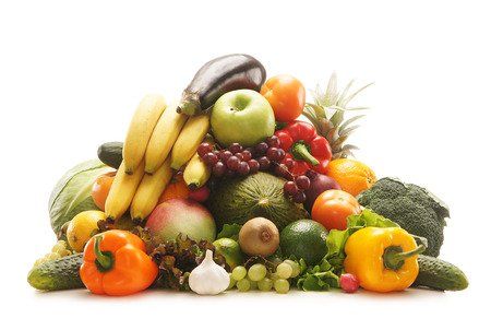 Pile of fresh and tasty fruits and vegetables isolated on whiteの写真素材